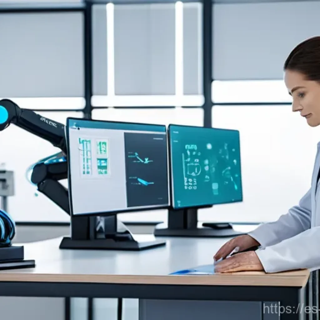 기계설계 최신 기술 트렌드 - **Prompt: Collaborative Robotics in a Modern Lab**
A photorealistic image of a bright, contempor...