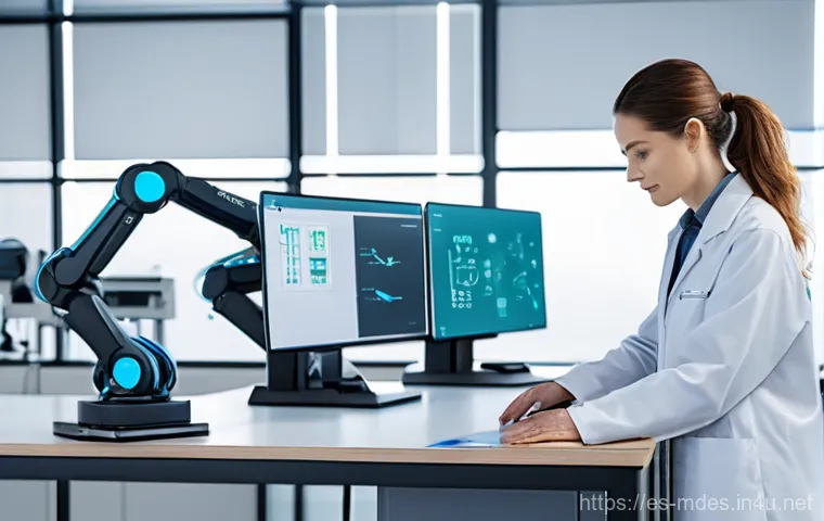 기계설계 최신 기술 트렌드 - **Prompt: Collaborative Robotics in a Modern Lab**
A photorealistic image of a bright, contempor...
