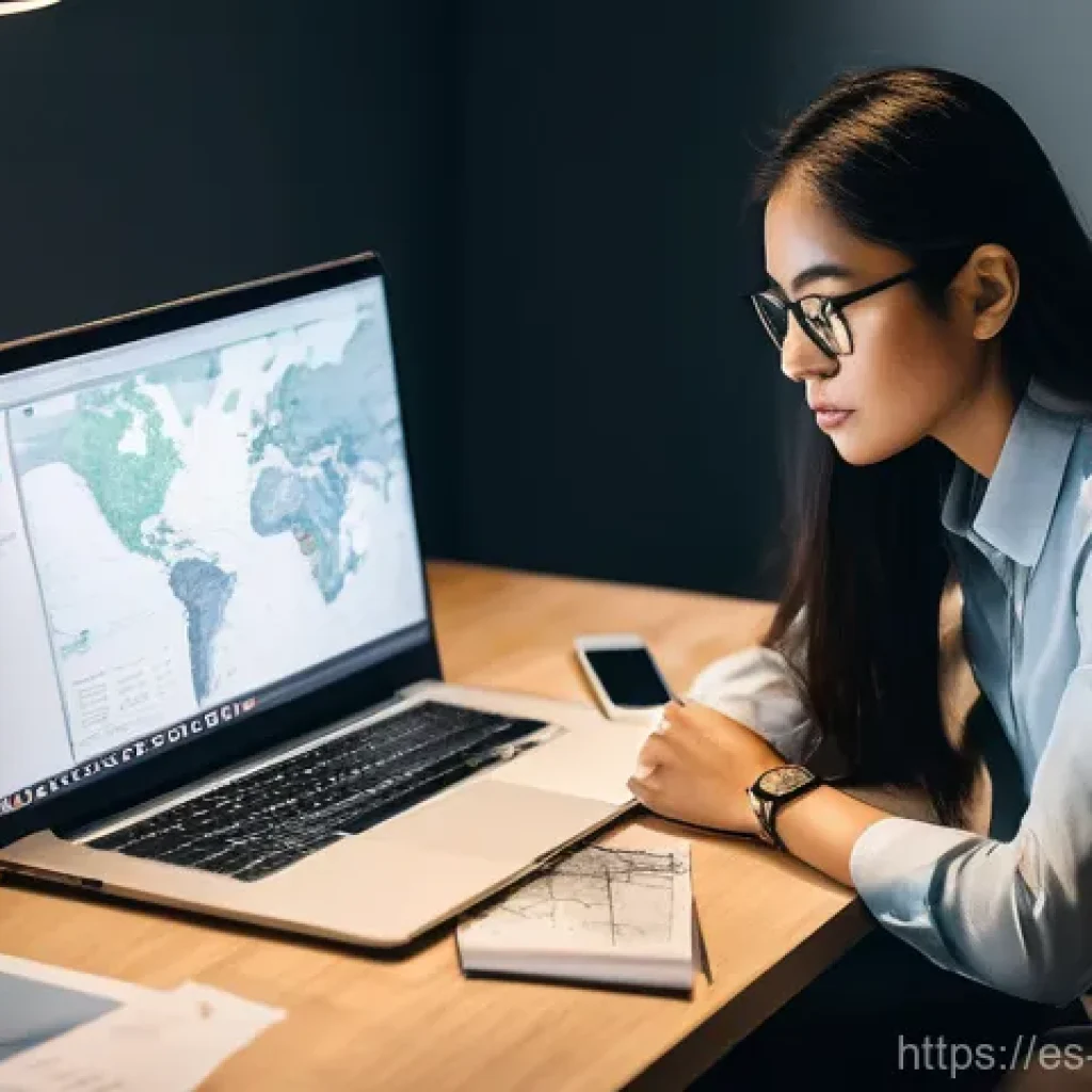 기계설계 해외 취업 전략 - A focused and determined mechanical engineer, a woman of diverse ethnicity, sits at a modern, unclut...