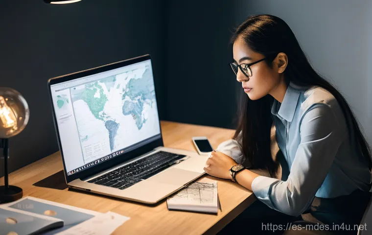 기계설계 해외 취업 전략 - A focused and determined mechanical engineer, a woman of diverse ethnicity, sits at a modern, unclut...