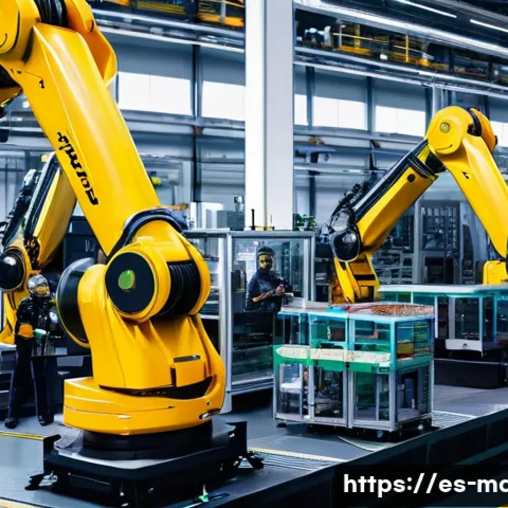 기계설계 인공지능 활용 사례 - A high-tech automotive manufacturing plant with robotic arms and human engineers collaborating on an...