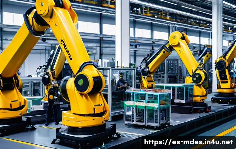 기계설계 인공지능 활용 사례 - A high-tech automotive manufacturing plant with robotic arms and human engineers collaborating on an...