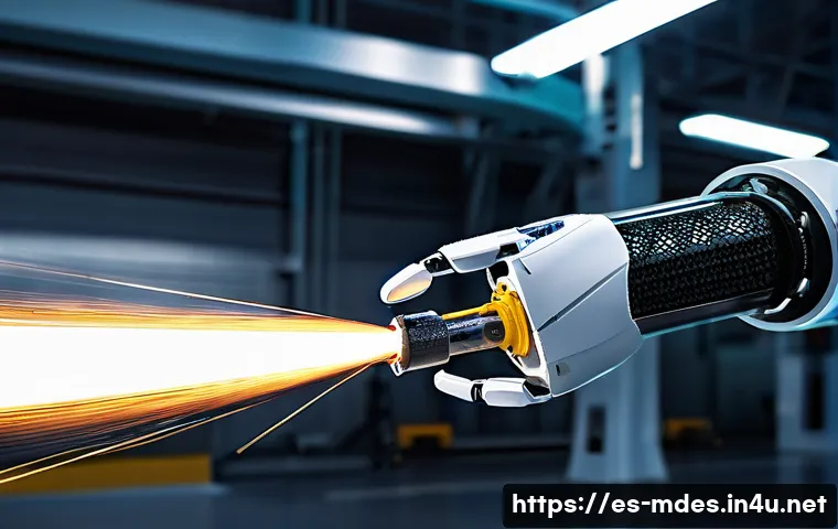 기계설계와 로봇공학의 관계 - A futuristic industrial robot arm constructed from advanced composite materials like carbon fiber, s...